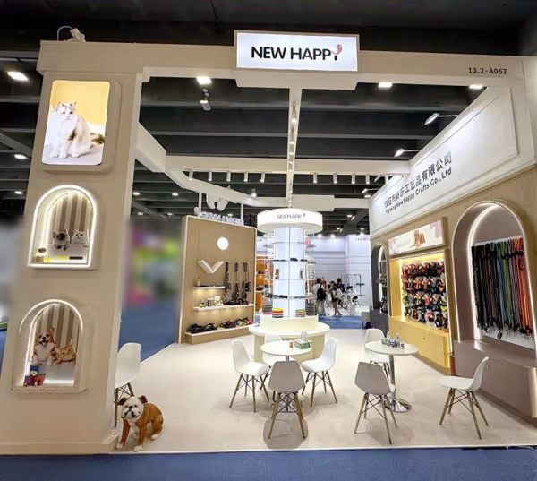 New Happy exhibition booth 13.2-A067 displaying pet harnesses, collars, and leashes