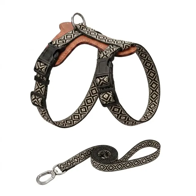 Brown plaid jacquard cat harness with PU leather base and matching leash