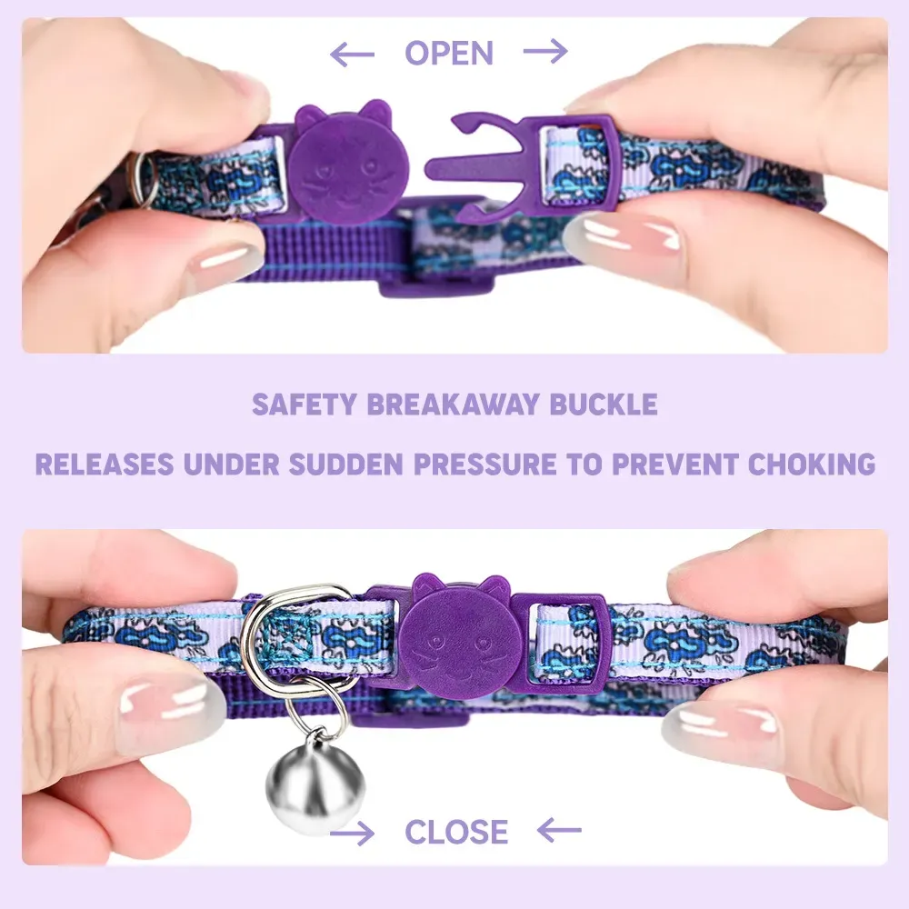 Breakaway buckle shown open and closed on the printed cat collar