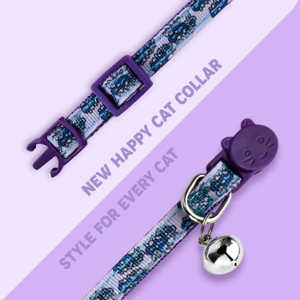 New Happy printed cat collar with bell in purple