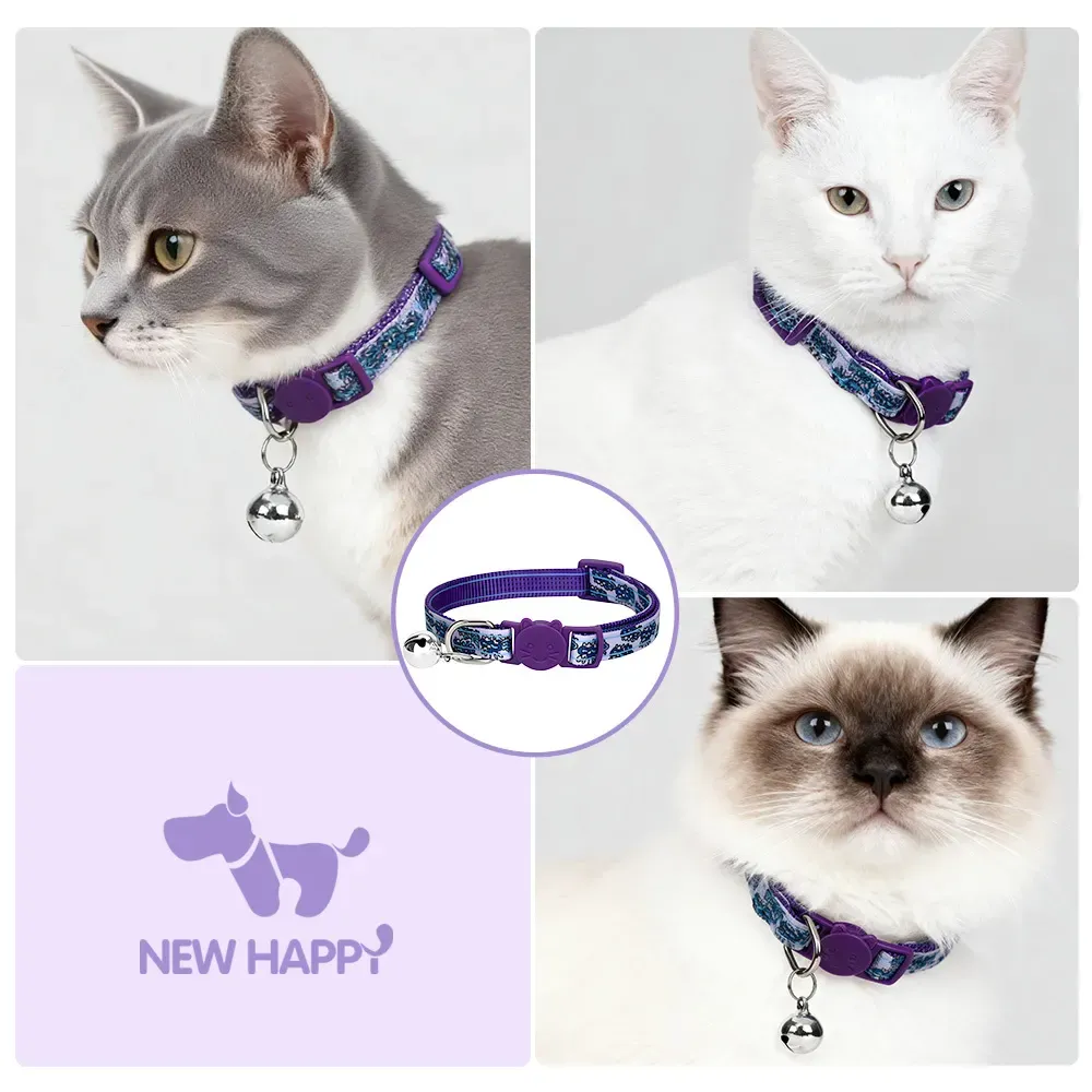 Grey, white and Siamese cats wearing the printed breakaway collar