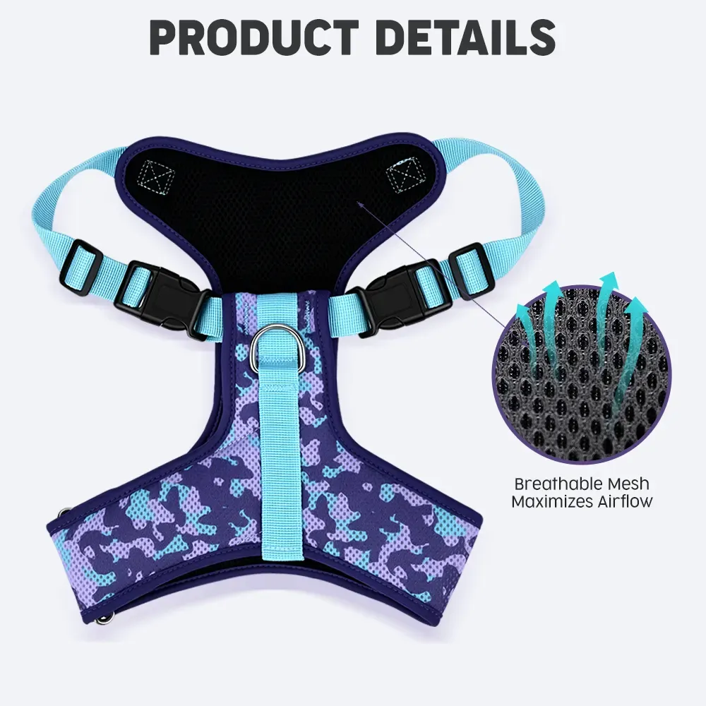 Printed mesh vest harness product details: breathable mesh and soft binding