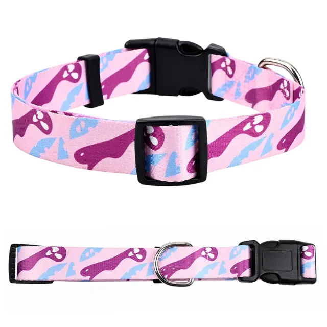 Pink printed dog collar and matching strap with quick-release buckle