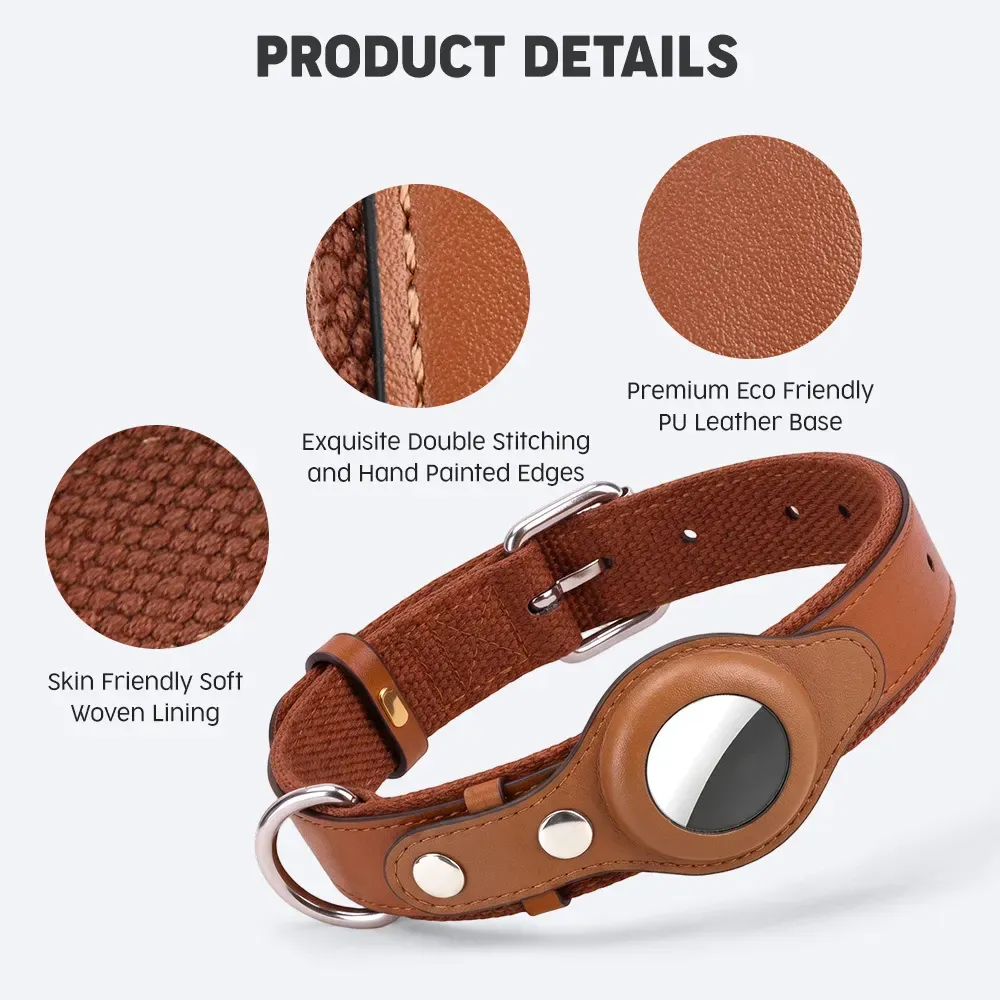 PU leather AirTag collar details: double stitching, painted edges and woven lining