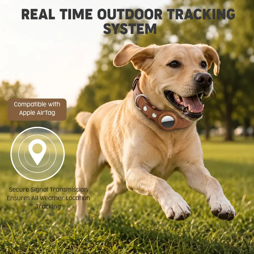 Labrador running outdoors wearing the brown AirTag dog collar