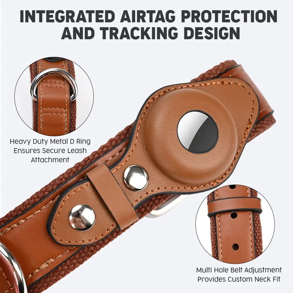 Close-up of the integrated AirTag holder and metal D-ring on the leather collar