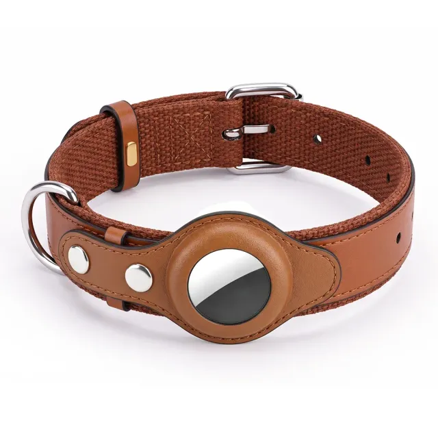 Brown PU leather dog collar with integrated AirTag holder and metal buckle