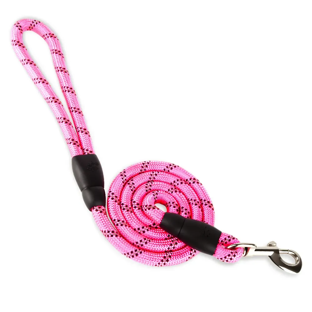 Pink reflective nylon rope dog leash with swivel hook