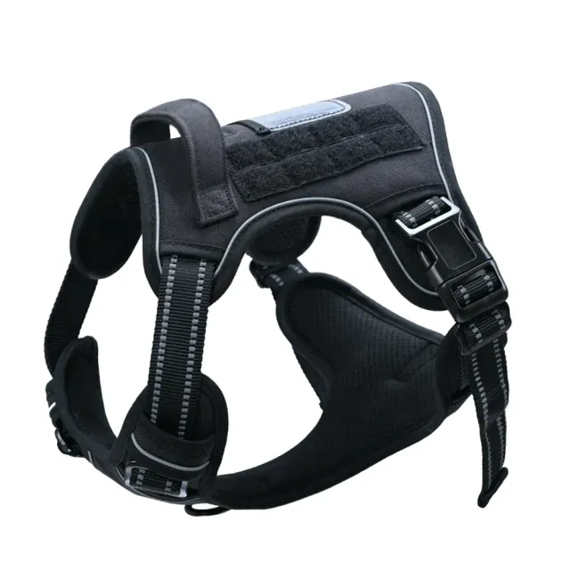 Black reflective tactical dog harness with transparent ID pocket and handle