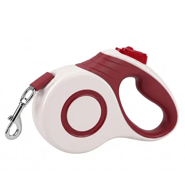 White and red retractable tape dog leash with one-touch brake button