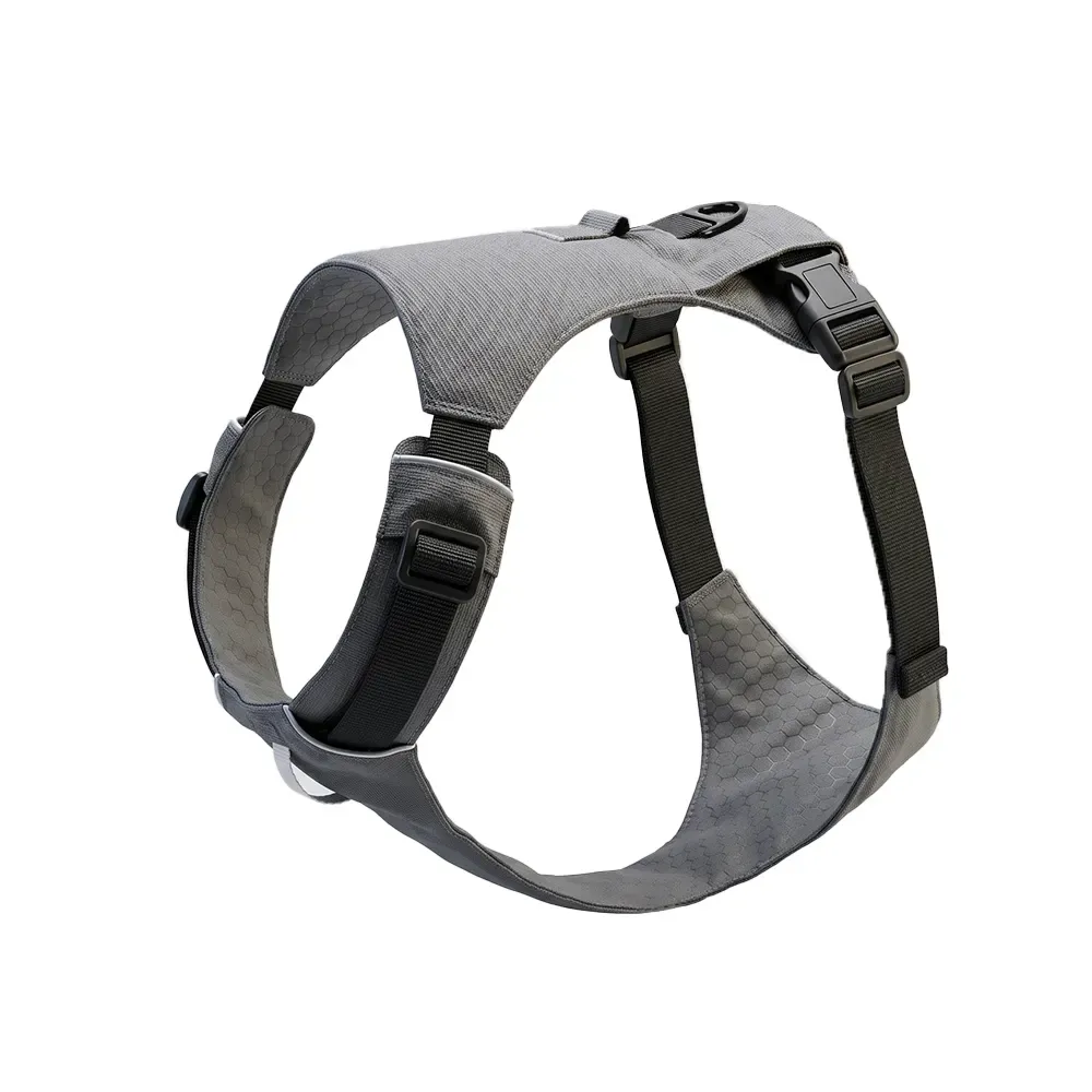 Charcoal grey ripstop dog harness with ID pocket and matte D-ring