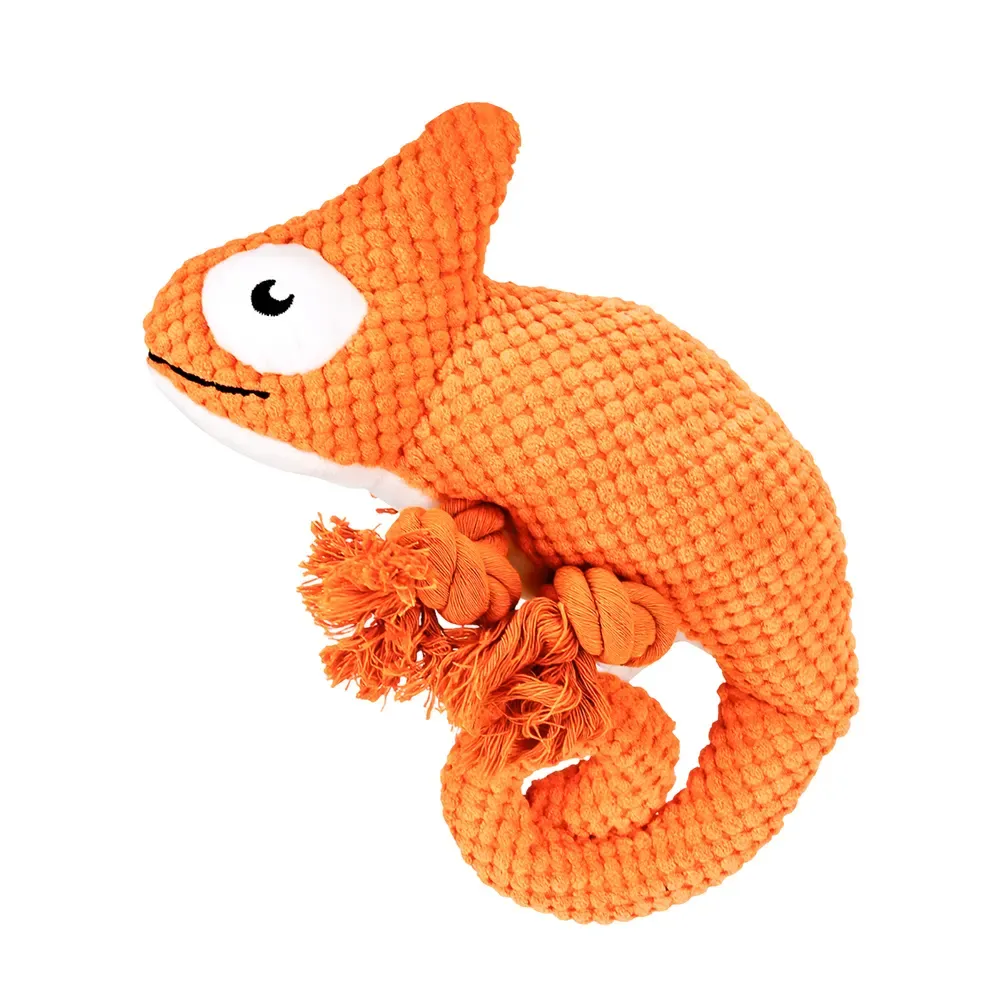 Orange chameleon plush dog toy with cotton rope limbs