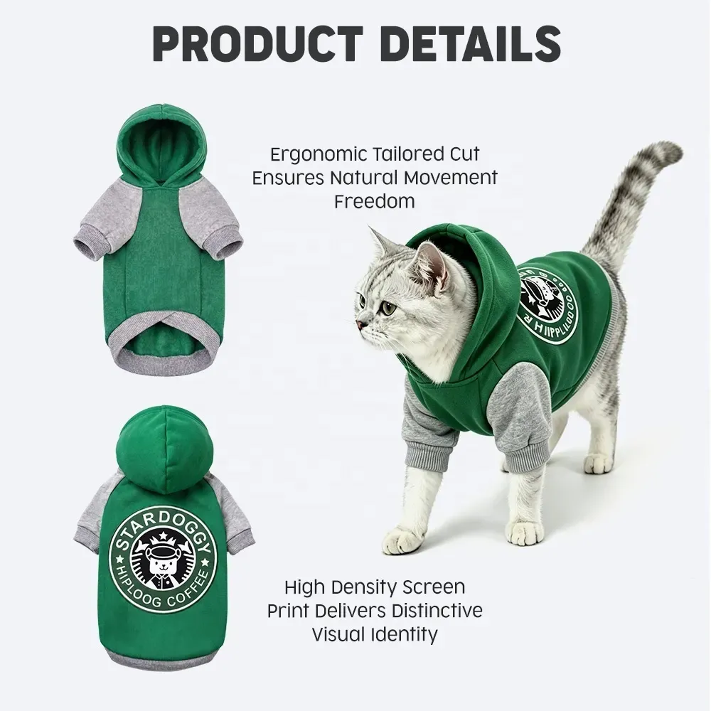 Cotton pet hoodie product details, shown on a cat