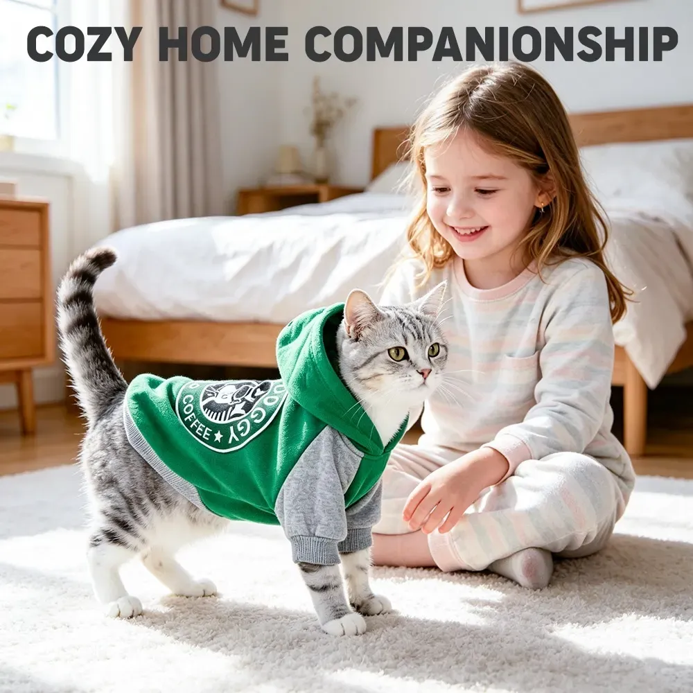 Girl holding a cat wearing the screen-printed hoodie