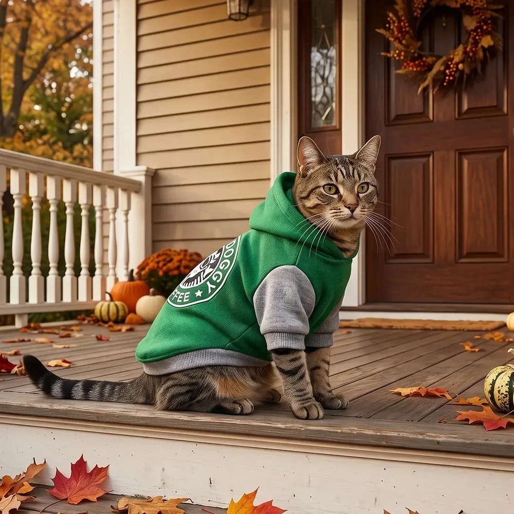 Cat sitting on a porch wearing the cotton hoodie