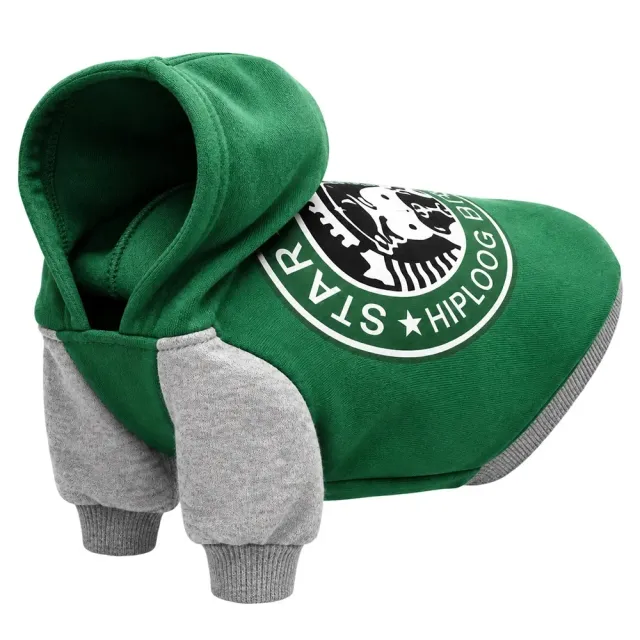 Green and grey screen-printed cotton dog hoodie with hood