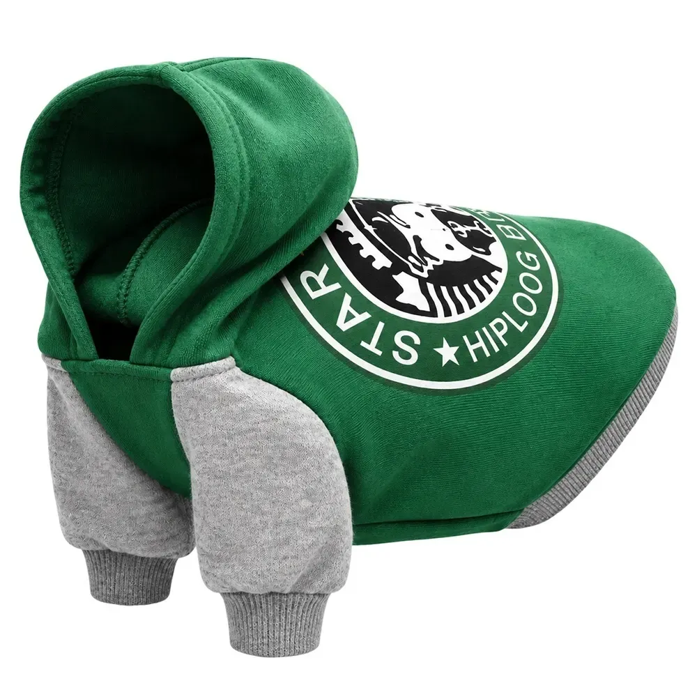 Green and grey screen-printed cotton dog hoodie with hood