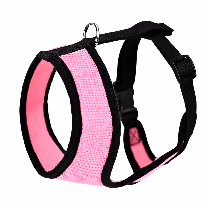 Pink and black step-in air mesh dog harness with metal D-ring
