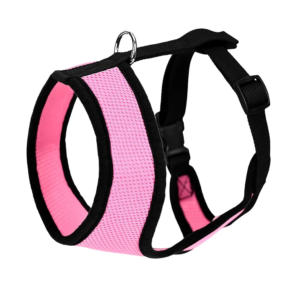 Pink and black step-in air mesh dog harness with metal D-ring