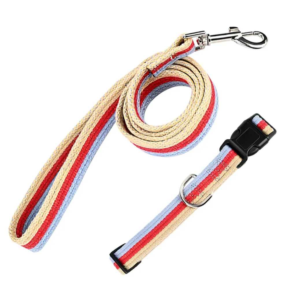 Striped webbing dog collar and matching leash set in crimson and beige