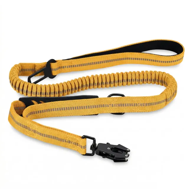 Mustard yellow tactical bungee dog leash with seat belt buckle and padded handles