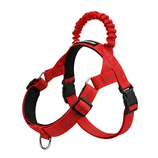 Red no-pull dog harness with elastic bungee handle and reflective webbing