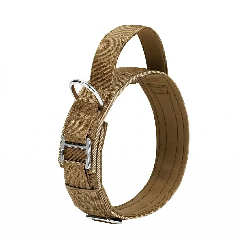 Brown tactical dog collar with hook-and-loop patch panel and reinforced handle