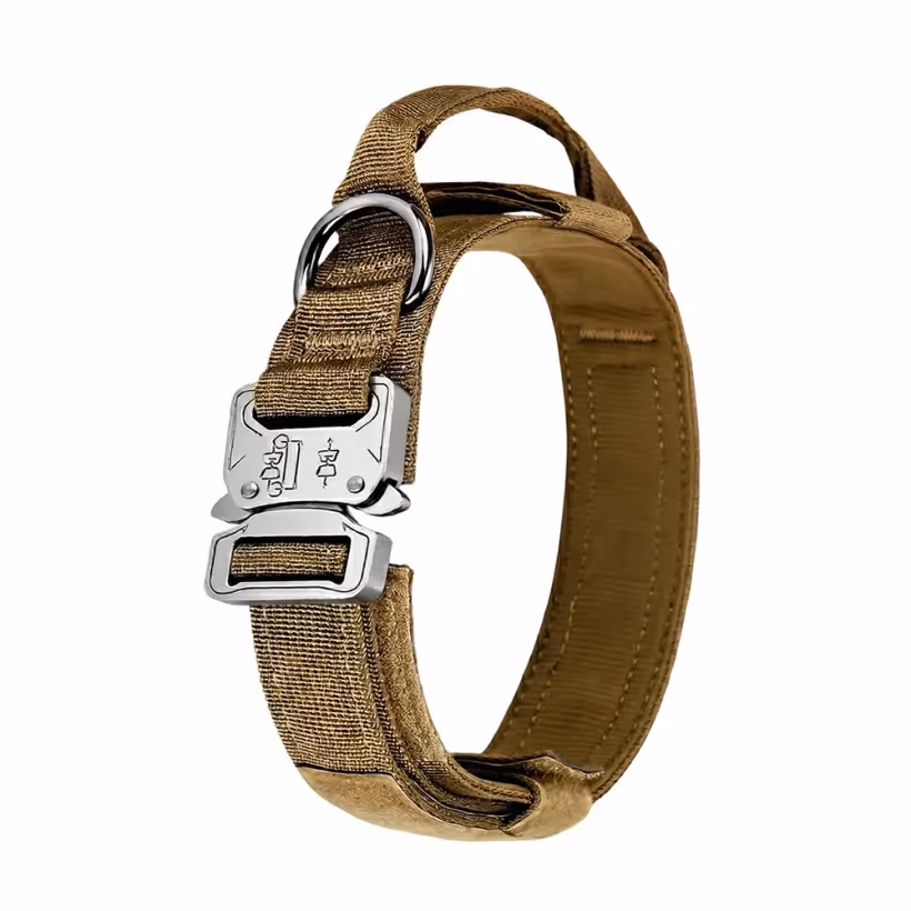 Coyote brown tactical nylon dog collar with metal quick-release buckle and control handle