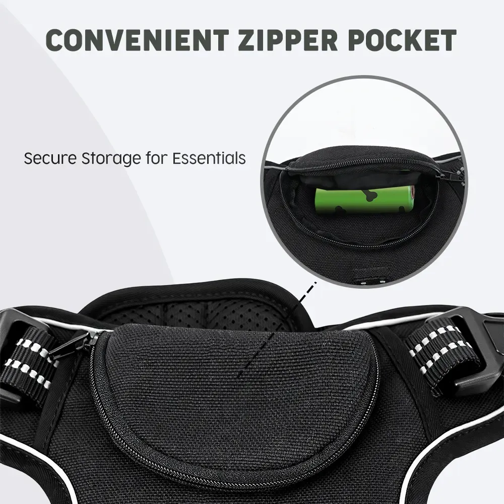 Close-up of the zipper storage pocket on the tactical dog harness