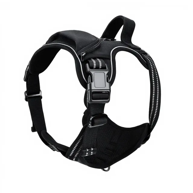 Black tactical dog harness with top zipper pocket, handle and front D-ring