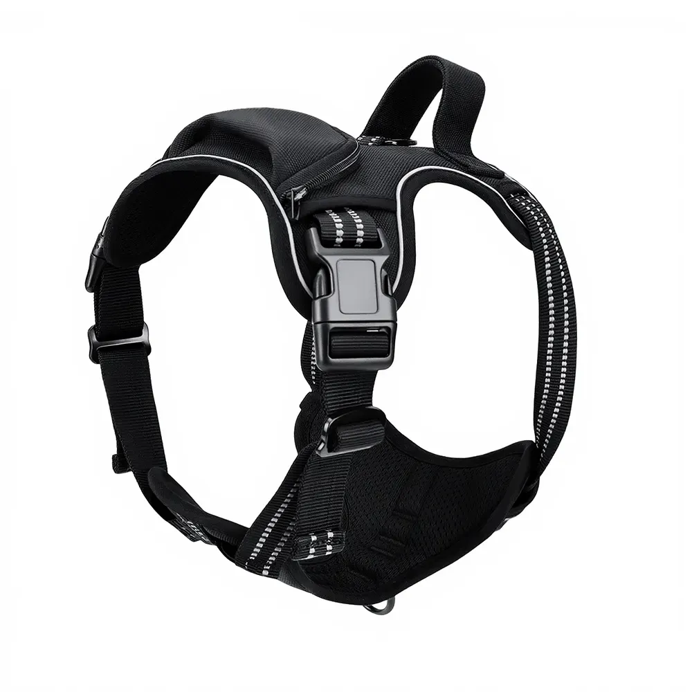 Black tactical dog harness with top zipper pocket, handle and front D-ring