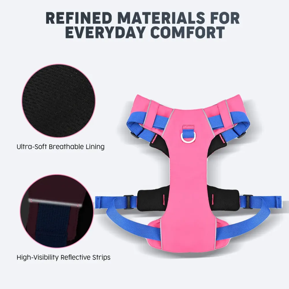 Ultra-soft breathable lining and reflective strips on the no-pull harness
