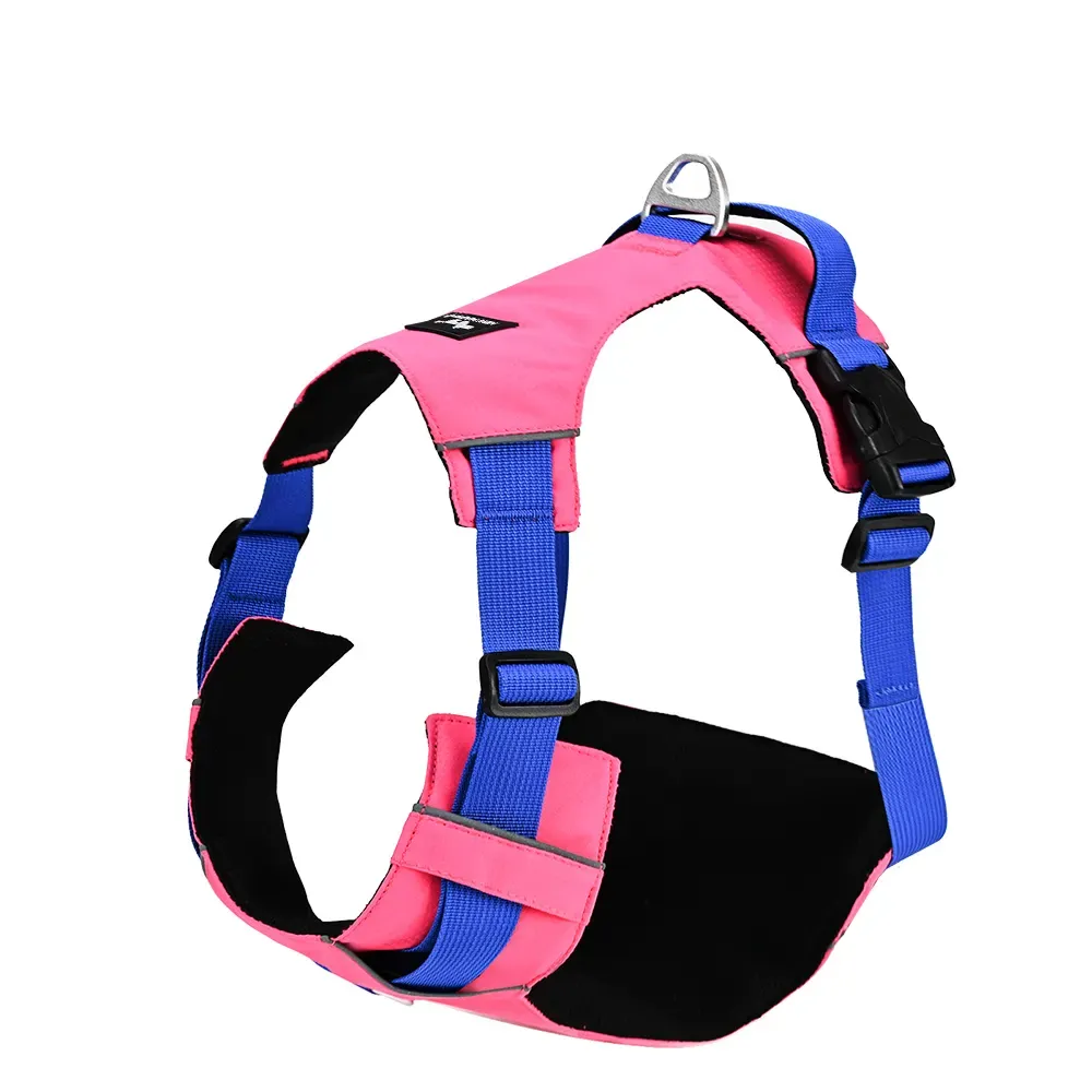 Pink and blue trachea-protection no-pull dog harness with aluminum D-ring
