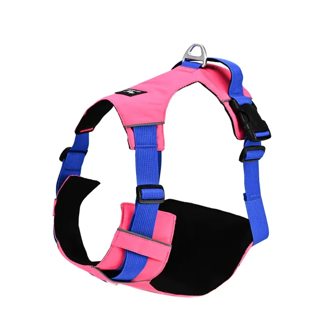 Pink and blue trachea-protection no-pull dog harness with aluminum D-ring