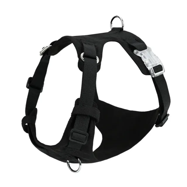 Black no-pull dog harness with transparent buckles and front metal D-ring