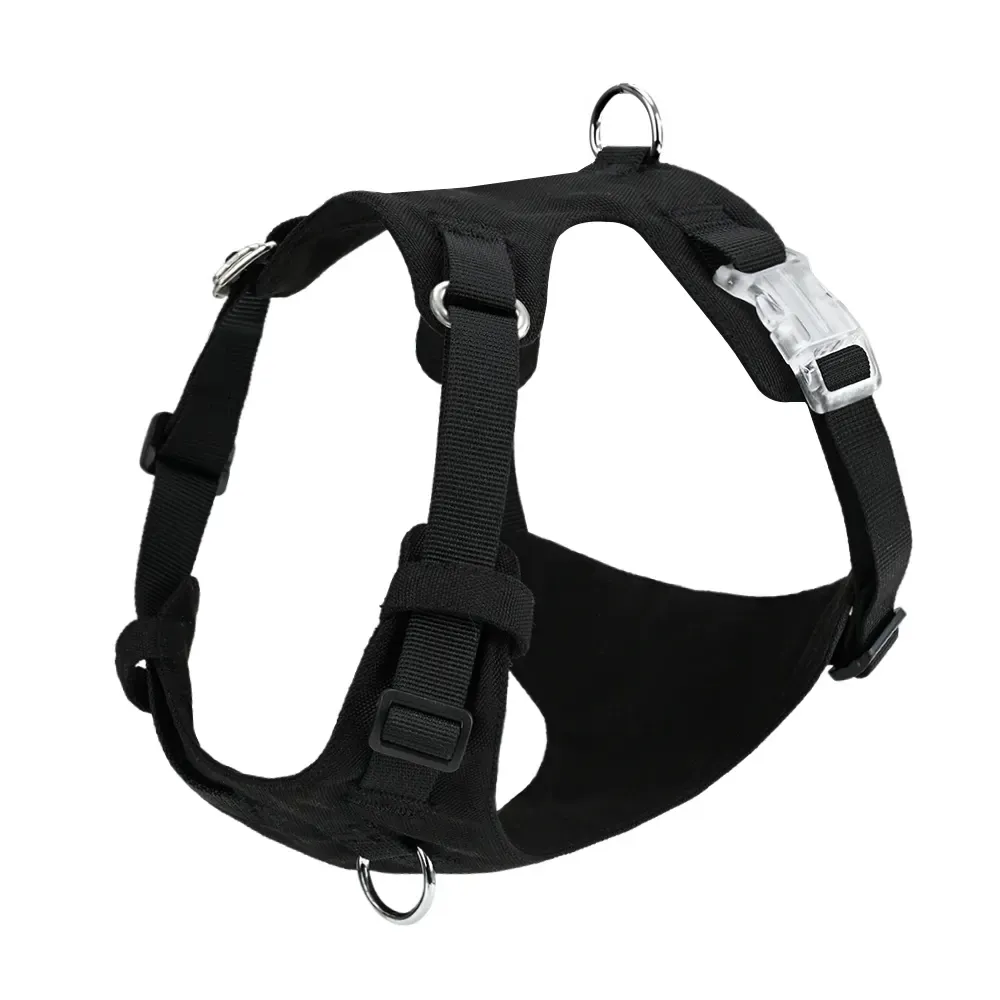 Black no-pull dog harness with transparent buckles and front metal D-ring