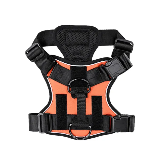 Orange and black sport dog harness with three D-rings and removable patches