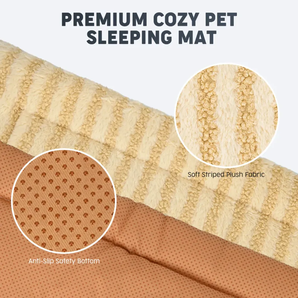 Cozy striped plush pet mat with anti-slip bottom