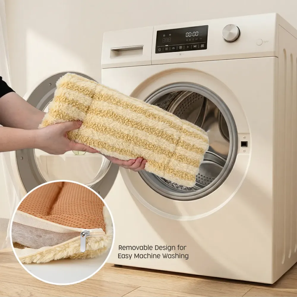 Removable, machine-washable cover on the plush pet mat shown with a washing machine