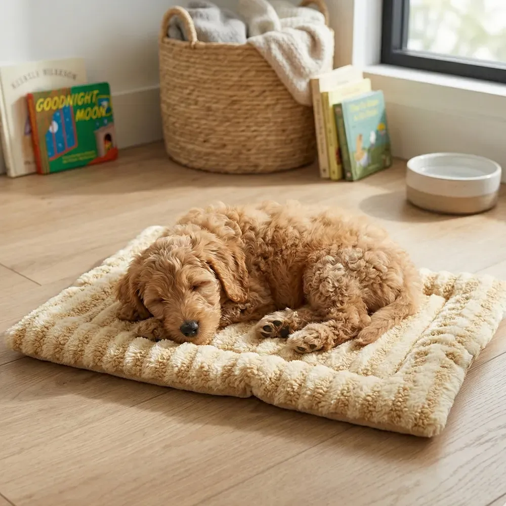 Puppy sleeping on the striped plush pet mat