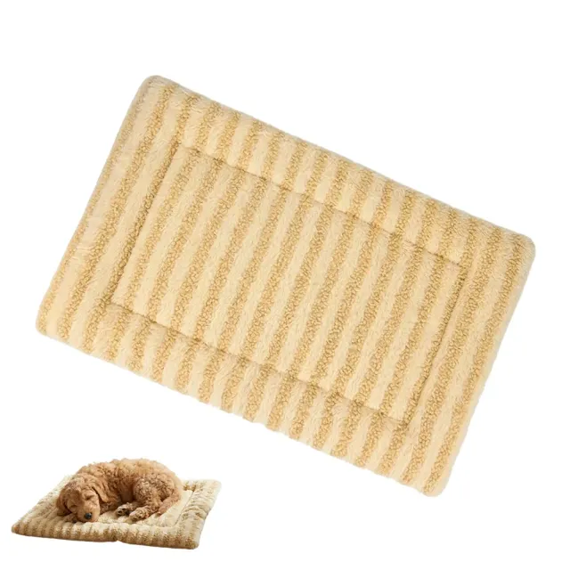 Beige striped plush pet mat with a small puppy