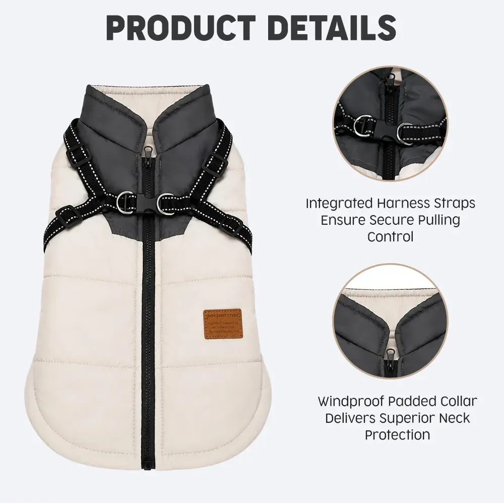 Winter dog coat details: integrated harness straps and windproof collar
