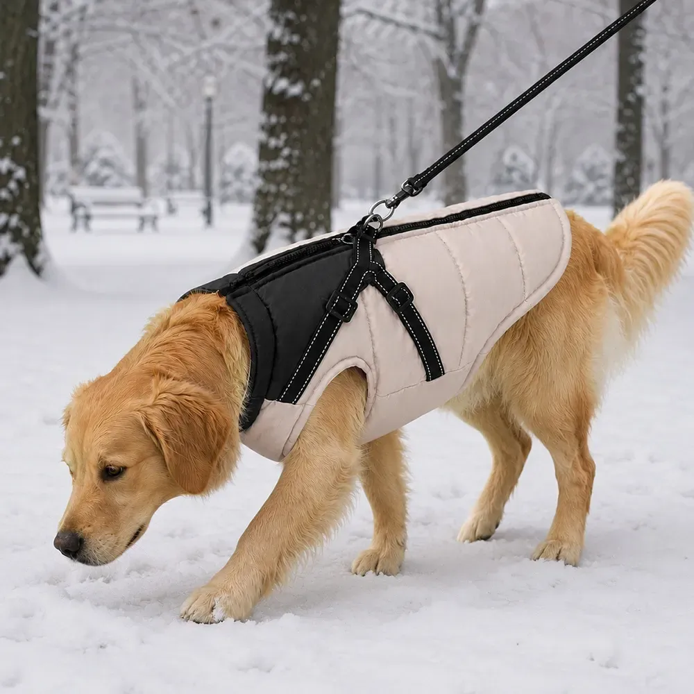 Golden retriever walking in the snow in the winter dog coat