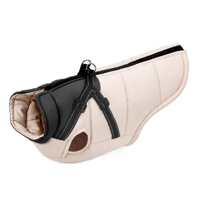 Cream padded winter dog coat with built-in black harness straps