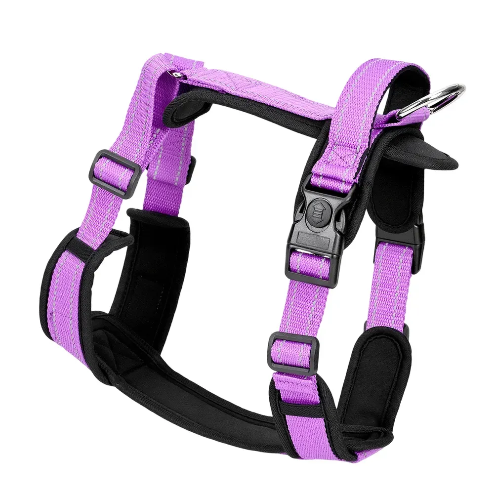Purple Y-shape padded reflective dog harness with top handle