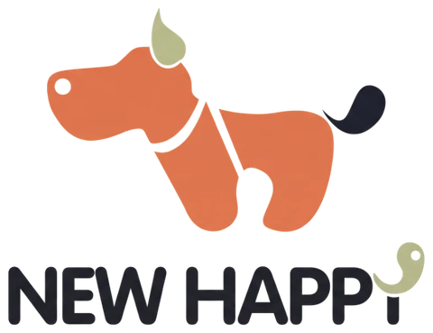 New Happy logo: orange dog wearing a harness above the NEW HAPPY wordmark